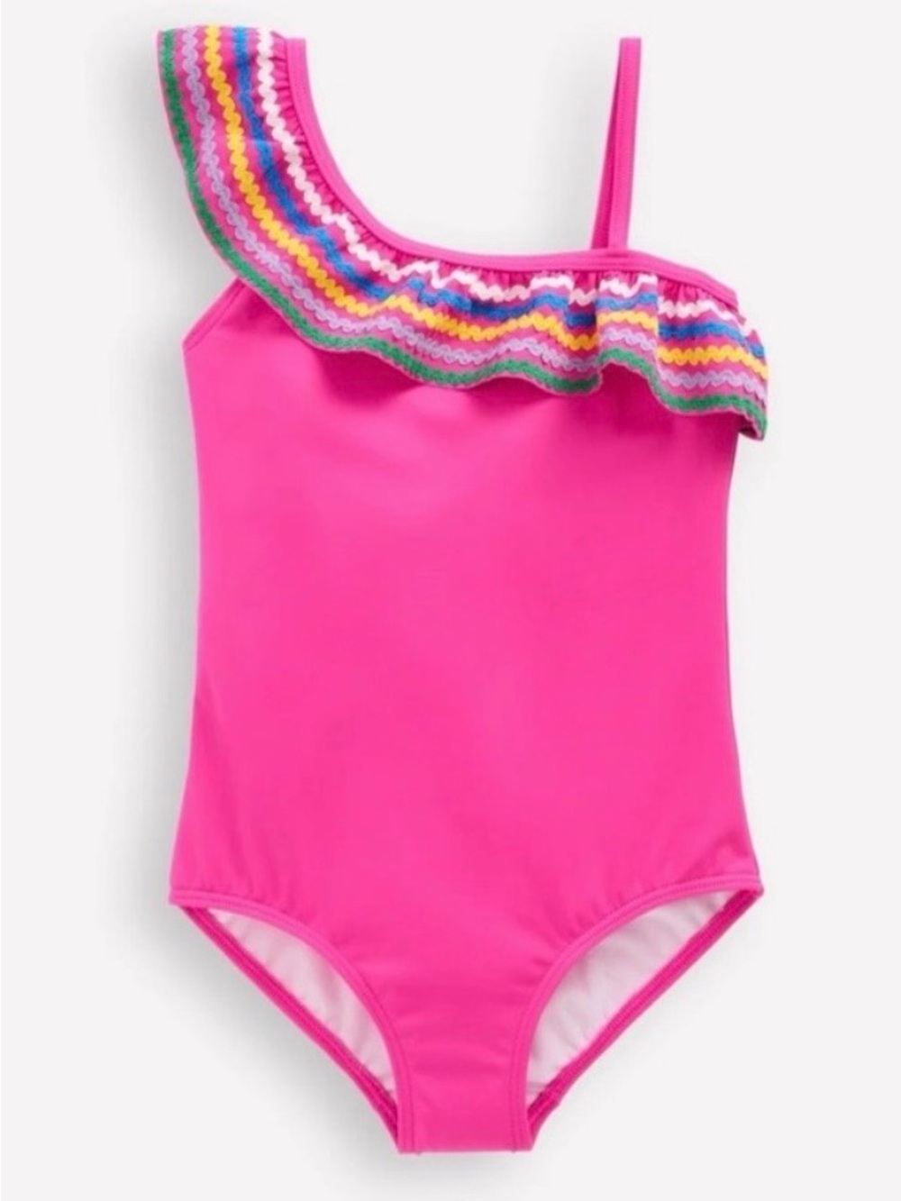 Mini Boden Hot Pink One-Shoulder Ruffle Girls' Swimsuit w/ Multicolor Trim. EUC